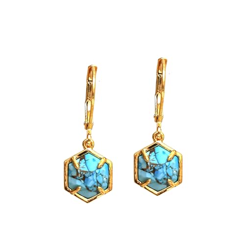 Gempires Gemstone Earrings with Hexagon Shape Gemstone Suspended with Lever Back Closure, 14k Gold Plated, Hypoallergenic and Safe Jewelry2