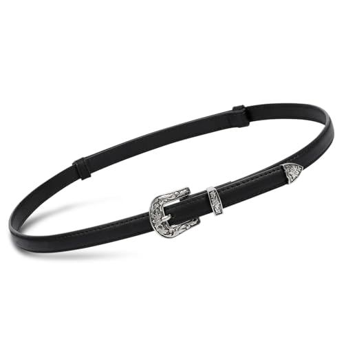 SUOSDEY Western Skinny Leather Belts for Women Adjustable Thin Waist Belt for Dresses with Vintage Buckle