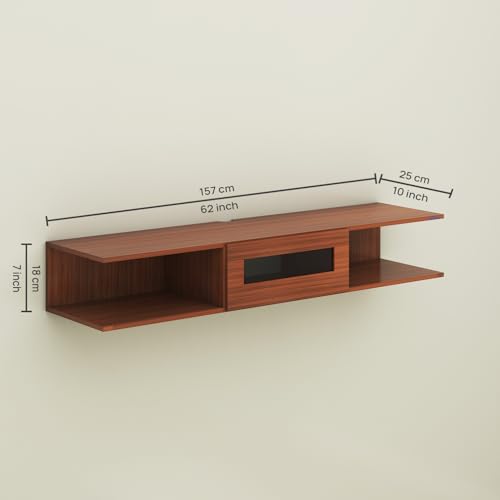 Image of Anikaa Vetra Wall Mount Modern Floating TV Unit for Living Room with Open Shelf Storage Cabinet & Middle Cabinet Blue LED Light (Ideal for 32 to 65 inch TV, DIY Installation, Walnut Finish)
