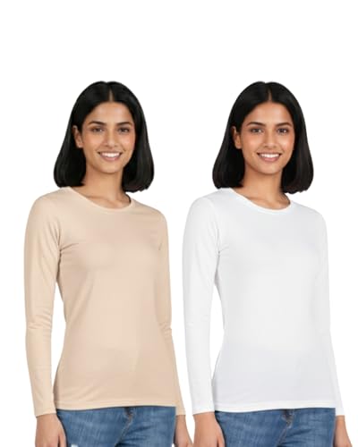 Image of HELGA Ivano Women's Organic Cotton Full Sleeve T-Shirt | Super Combed Cotton Rich | Plain Round Neck | Soft, Breathable, Eco-Friendly Casual Top for Everyday Wear
