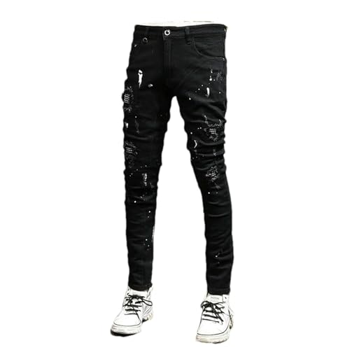 Streetwear Mens Jeans Black Stretch Elastic Slim Fit Painted Ripped Jeans Men Patch Hip Hop Pants Denim Trousers