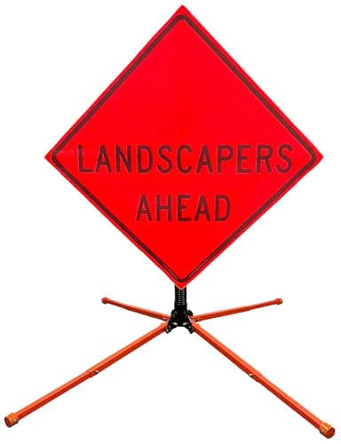 Image of OrangeGear 36 inchx36 inch Landscapers Ahead Mesh Sign & Steel Spring Stand | MUTCD TTC compliant orange mesh roll-up sign kit with fiberglass cross ribs and single-spring steel stand.