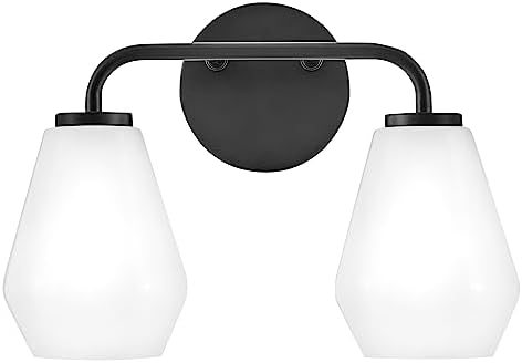 Lark Gio Two-Light Bath Vanity Fixture, Mount Up or Down, Cased Opal Geometric Shades, Black