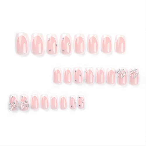 Foccna White Press On Nails Medium Long Rhinestone Fake Nails Square Bling Glossy 3D Butterfly False Nail Tips Artificial Nails Finger Manicure thumb #1