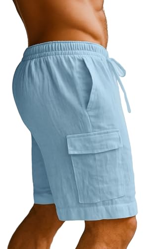 Image of INKKR Men's Cargo Linen Shorts Beach Shorts Drawstring Elastic Multi Pocket Plain Comfort Breathable Knee Length Cotton Shorts