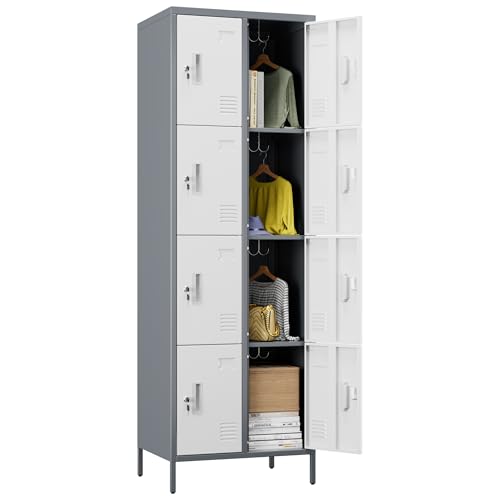 Aobabo 185H*60B*45T cm Metall Schließfach,8 Stahlschränke für Mitarbeiter,Schlafzimmer, Schule,Dunkelgrauweiß,Spind,Spind Schrank (8 Tür, Dunkelgrauweiß)