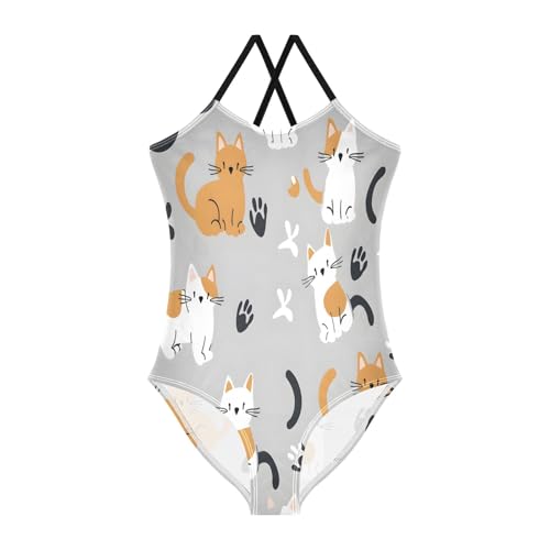 Girl's One Piece Swimsuit Cat and Gray Background Beach Bathing Swimwear