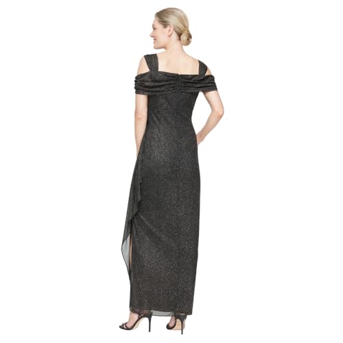 Image of Plus Cold Shoulder Glitter Mesh Dress with Draped Skirt & Cowl Neckline
