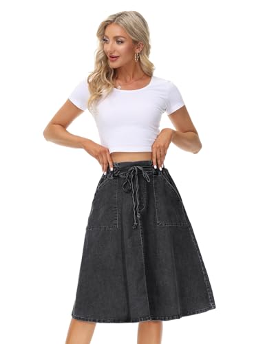 KANCY KOLE Women Casual Denim Skirts Frill Tie Waist A-Line Midi Jean Skirt with Pockets S-XXL3