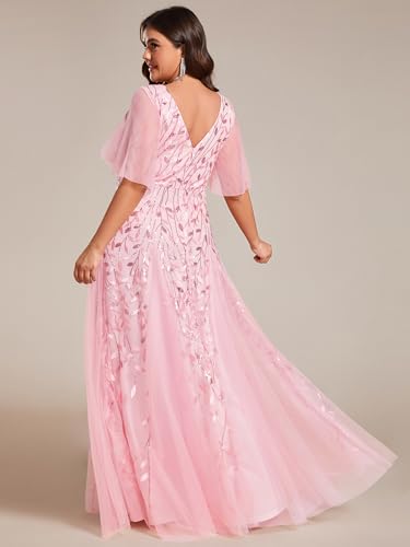 Image of Ever-Pretty Women's Sequin V Neck Plus Size Formal Dresses Evening Gown | Short Sleeve, A-Line, Empire Waist, Plus Size Mother of the Bride Dresses, Plus Size Gala Dress