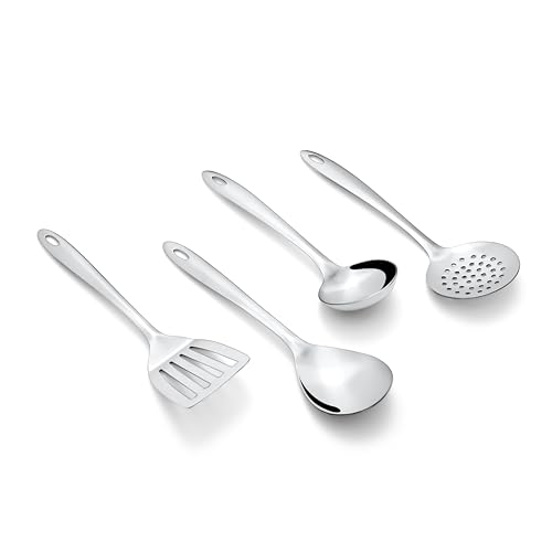 Image of Montavo by FnS 4 Pieces Stainless Steel Serving Tools Set | Soup Ladle, Skimmer Turner, Slotted Turner & Veg Serving Spoon | Food Grade Kitchen Utensil Set for Home & Dining