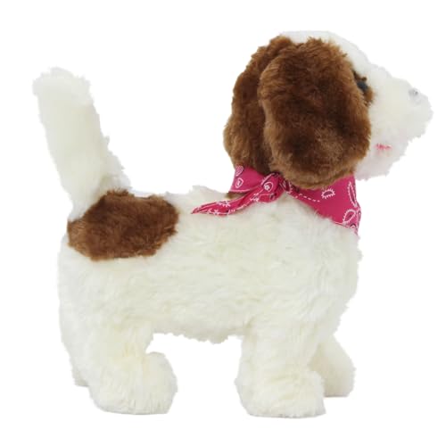 JAMARA -Lucky RC Plüschhund 27MHz- Weiches Fell, bewegt die Schnauze und Kopf, wedelt mit dem Schwanz, realistisches Hundebellen, Weiß-Braun