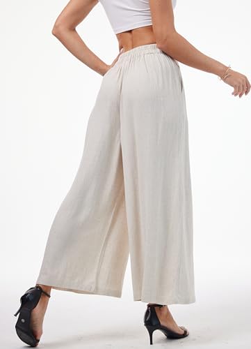 heipeiwa Women' s Culottes Linen Pants Summer Casual Flowy Beach Cotton Linen Wide Leg Palazzo Pants4