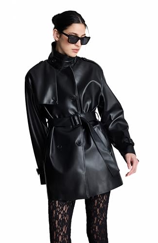 Kenneth Cole Womens Faux Leather Double Breasted Trench Coat