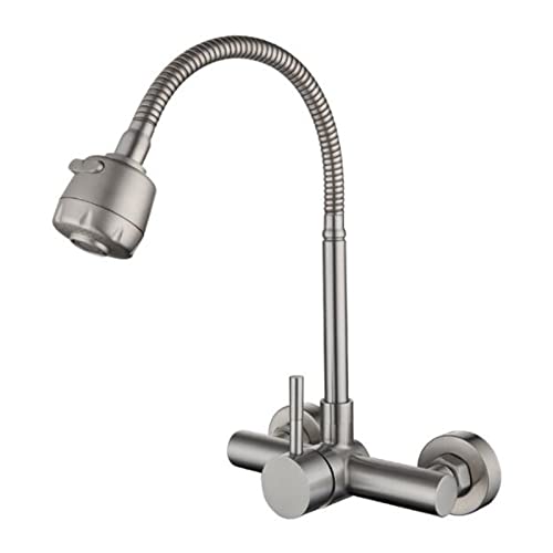 Grifo de cocina de pared con caño giratorio 360 y acabado de acero cepillado