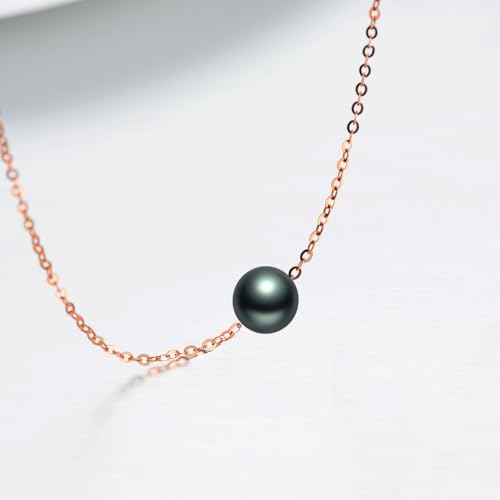 14K Solid Gold Tahitian Black Pearl Necklace, 9-10mm Round Cultured Black Pearl Pendant, Floating Pearl Choker Necklace for Women 5