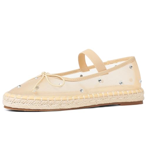 Image of AMINUGAL Raffia Ballet Flats Shoes for Women Dressy Comfortable Woven Straw Women's Flat with Elastic Strap Mesh Bows Raffia Mary Janes Ballerina