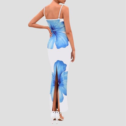 Image of Womens Summer Casual Floral Dresses Spaghetti Strap Bodycon Maxi Beach Dress Elegant Evening Party Long Dresses (US, Alpha, Large, Regular, Regular, Blue White)