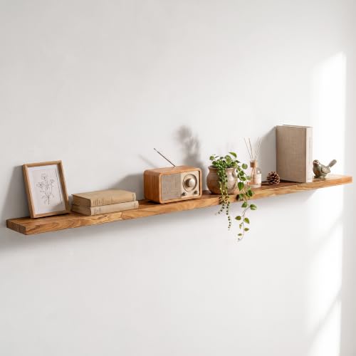 Image of Elm Floating Shelves for Wall - 72 in Rustic Solid Wood Shelves with Heavy-Duty Invisible Bracket, Long Wall-Mounted Wooden Shelf for Living Room, Bathroom, Kitchen Storage & Display, Set of 1,Natural