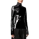 TDNZSEL Women's Retro PU Artificial Leather High Neck T-Shirt Casual Solid Color Long Sleeve Zipper Pullover Micro Elasticity Black