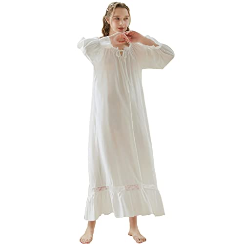 aromm Femmes Coton Victorien Robe de Nuit Garniture en Dentelle Manche Longue Extensible Pyjama Blanc, M