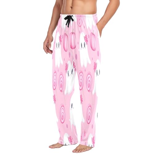 Qilmy Halloween Pink Ghosts Men's Cotton Pajama Pants, Lightweight Lounge Sleepwear with Drawstring and Pocket4