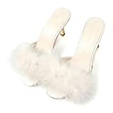 YIBLBOX Women's Round Toe Sandal Fluffy Feather Sexy Slippers Kitten Heeled Slippers White 8