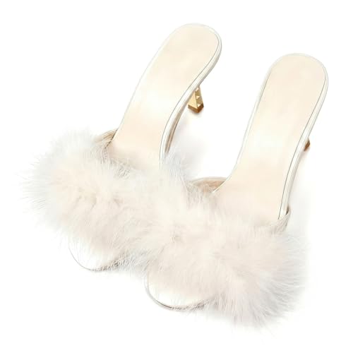YIBLBOX Women's Round Toe Sandal Fluffy Feather Sexy Slippers Kitten Heeled Slippers White 8
