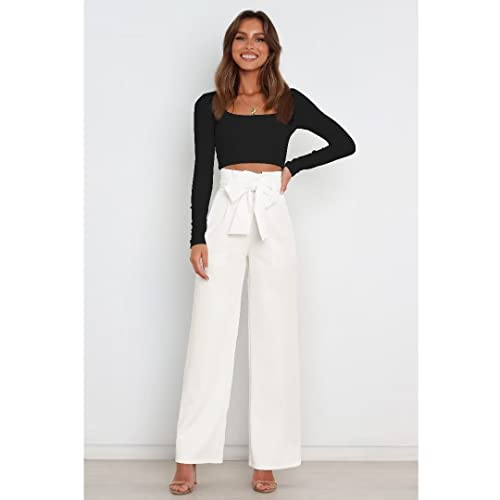 Dress Pants Women,Wide Leg Pants for Women,Smocked Waist Pants with Belt,Loose Straight Leg Flatting Pants2