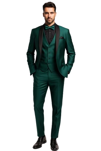 Mens Emerald Green Tuxedo with Black Satin Shawl Lapel – 3 Piece Formal Suit with Vest