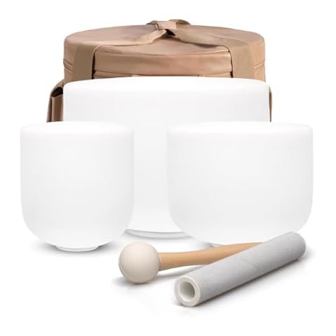 SITSANG Set of 3 Crystal Singing Bowls White 6F 7B 8C with FREE Heavy Duty Carrying Case and Singing Bowl Rubber Mallet and Suede Striker Cover