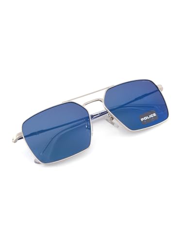 Image of Police Eyewear | Blue Lens | Silver Frame | Full Rim Square Shape Branded and Stylish Sunglasses | 100% UV Protection | Mens Sunglasses| Size Large | SPLL07K59579BSG