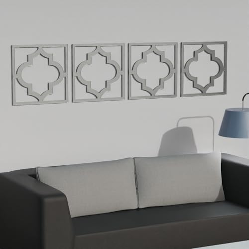 LiveInUrban 4 PCS Peel and Stick Geometric Modern Hollow Wall Art Decor with Minimalist Pattern, Faux Metal Spray Effect Home Wall Accents with Matte Finish, Silver Moroccan Shape, 10.63" X 10.63"