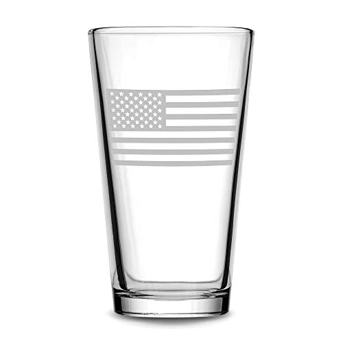 Integrity Bottles, American Flag, Premium Pint Glass, Handmade, Handblown, Hand Etched Gifts, Sand Carved, 16oz