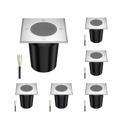 ledscom.de 6 Stück Bodeneinbauleuchte RELI für außen, IP67, edelstahl, eckig, 11 x 11cm, 1x GU10 max. 15W, gefrostet