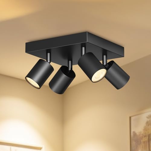 LVWIT Faretti LED da Soffitto Orientabili Nero,Faretto LED Interno con 4 Luci in Alluminio GU10,Quadrata Base, Faretti da Soffitto Moderna Industriali per Barra, Salotto, Cucina (Senza Lampadina)
