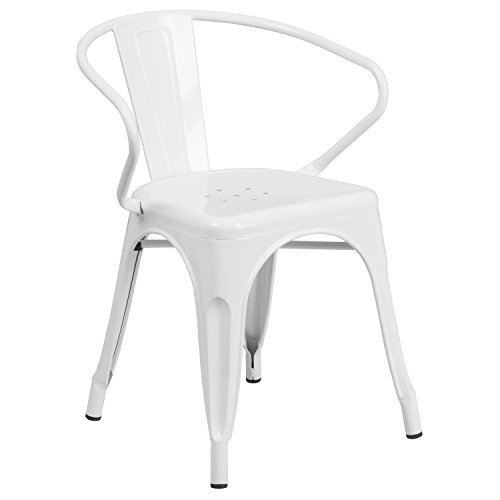 Flash Furniture Luna Commercial Grade White Metal Indoor-Outdoor Chair with Arms