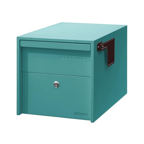 Adoorn Lockable Post Mount Mailbox | Small (Aegean Sea), Size 12 x 12 x 18.5 (HxWxD) Anti-Theft Locking Mailbox with 2 Keys, Modern Mailbox with Flag, Weatherproof Mailboxes for Outside