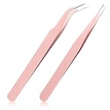 Oruola 2pcs Craft Tweezers for Stickers,Pink Sticker Tweezers,Stainless Steel Sticker Tweezer for Scrapbooking,Straight and Curved Tip Tweezer for Lash Extensions,Crafting,Dried Flowers