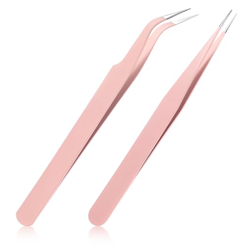 Oruola 2pcs Craft Tweezers for Stickers,Pink Sticker Tweezers,Stainless Steel Sticker Tweezer for Scrapbooking,Straight and Curved Tip Tweezer for Lash Extensions,Crafting,Dried Flowers