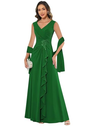 Chiffon Mother of The Bride Dresses with Shawl Lace Applique Long Pleated Wedding Guests Formal Evening Party Gown