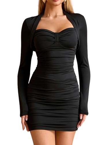 Women's Long Sleeve Bodycon Mini Dress Sweetheart Neck Ruched Party Club Going Out Fall Dresses 2025
