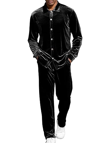 LecGee Men Fall Casual Sets Velvet Long Sleeve Button Down Shirt Elastic Waist Velour Pants 2 Piece Outfits Tracksuit2