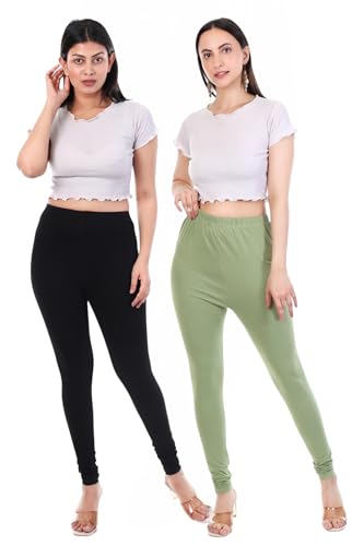 Image of TPF Women Solid Cotton Lycra 4 Way Stretchable Leggings | Combo Pack of 2 Comfortable Churidar-Length Slim Fit Leggings for Women & Girls