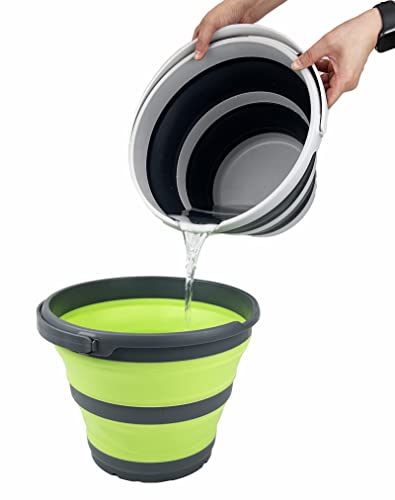 Image of SAMMART 10L (2.6 Gallon) Collapsible Plastic Bucket - Foldable Round Tub - Portable Fishing Water Pail - Space Saving Outdoor Waterpot, Size 33cm Dia (Grey /Grass Green)