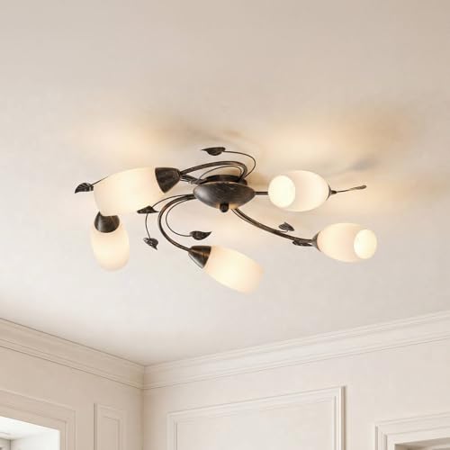 Image of Lindby Vintage Chandelier, Traditional Floral Ceiling Light Semi Flush Mounted Fixture with 5 Lights Classic Rustic Lighting for Living Room Bedroom Dining Hallway Brushed Black