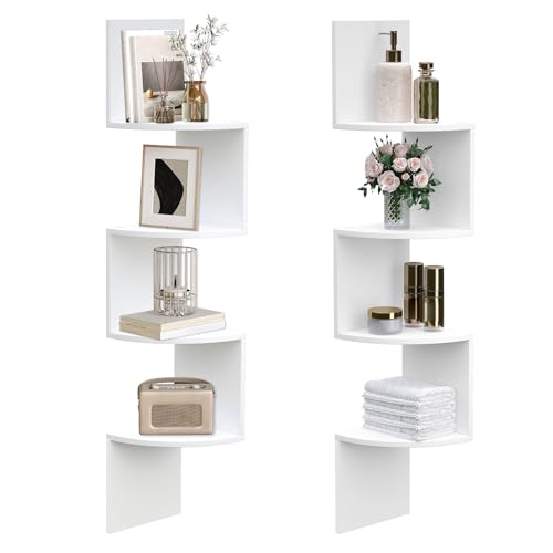 HOOBRO Wandregal 2er Set, Eckregal, Schweberegal, 4-stufiges Regal, einzigartiges Zickzack-Design, platzsparend, für Wohnzimmer, Schlafzimmer, Esszimmer, Weiß EWT25BJP201