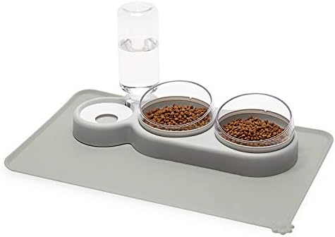 YEACHA Raised Cat Bowls, Tilt Cat Dog Food Water Elevated Bowls Set with Automatic Water Bottle, with Silicon Waterproof Mat, for Cats Small Dogs, Grey