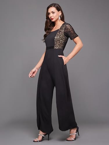 Image of Miss Chase Women's Halter Neck Sleeveless Solid Wide Leg Sequin Paneled Regular Length Jumpsuit