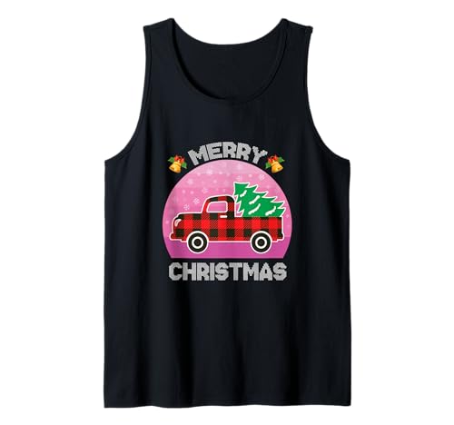 Árbol de Navidad a Cuadros Buffalo Red Truck Merry Christmas Women Camiseta sin Mangas